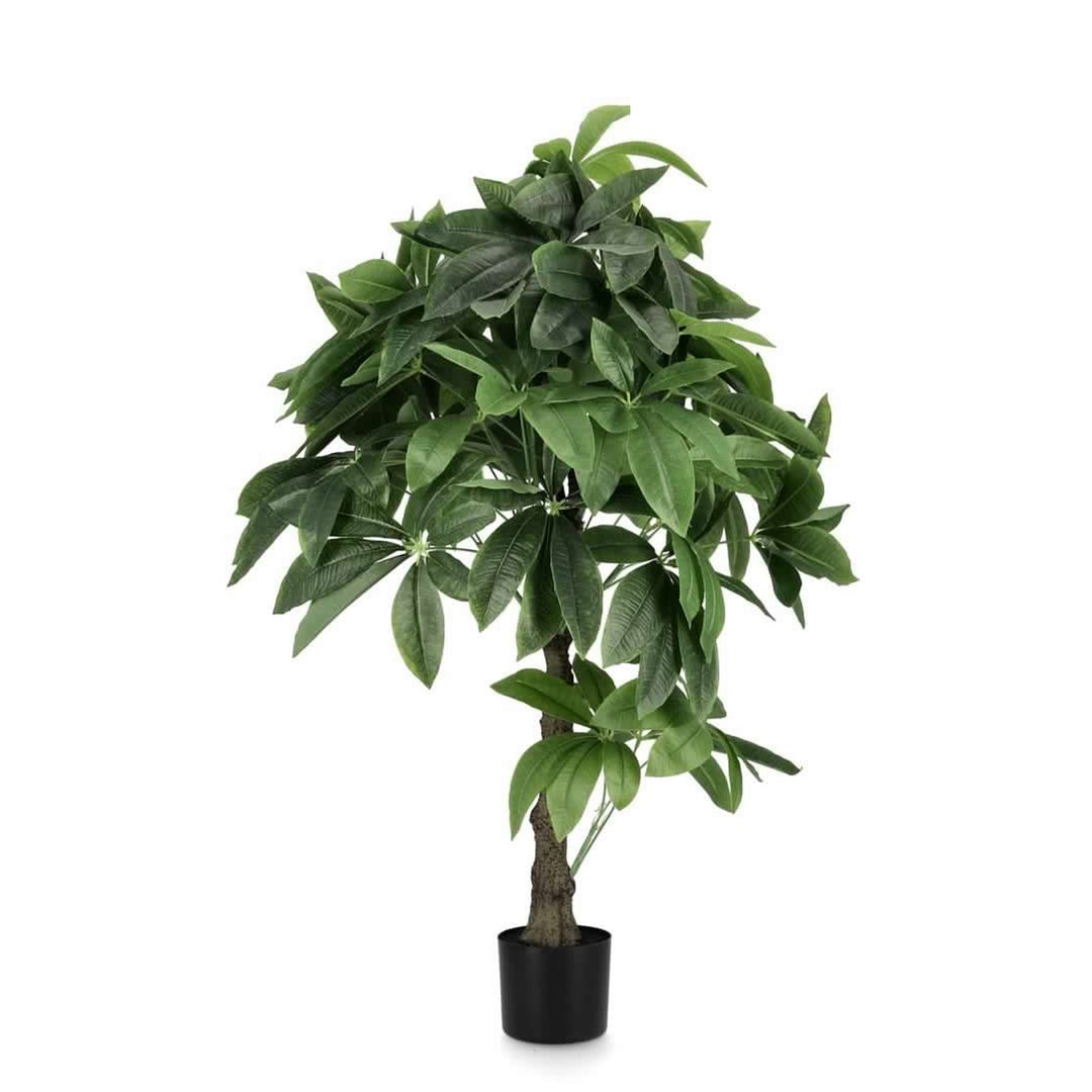 Pianta artificiale "Pachira Aquatica" con vaso in plastica nero, foglie in tessuto