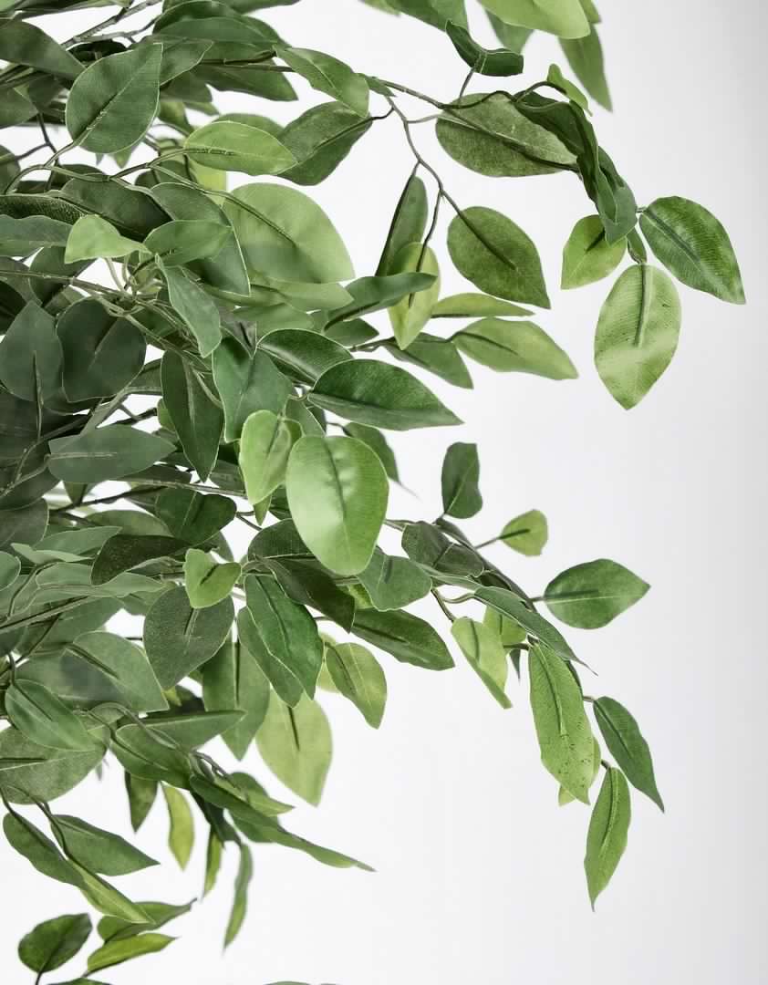 Pianta artificiale "Ficus" con foglie in tessuto, tronco in legno, vaso in plastica