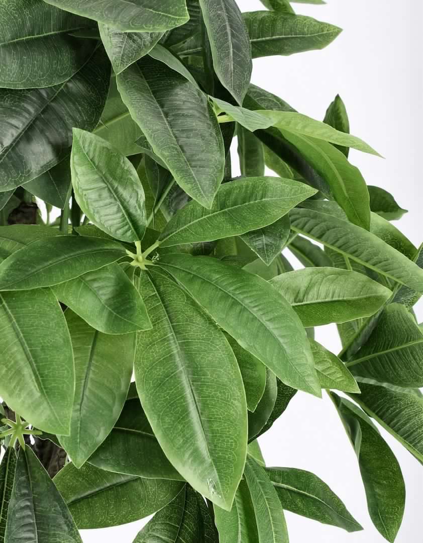 Pianta artificiale "Pachira Aquatica" con vaso in plastica nero, foglie in tessuto