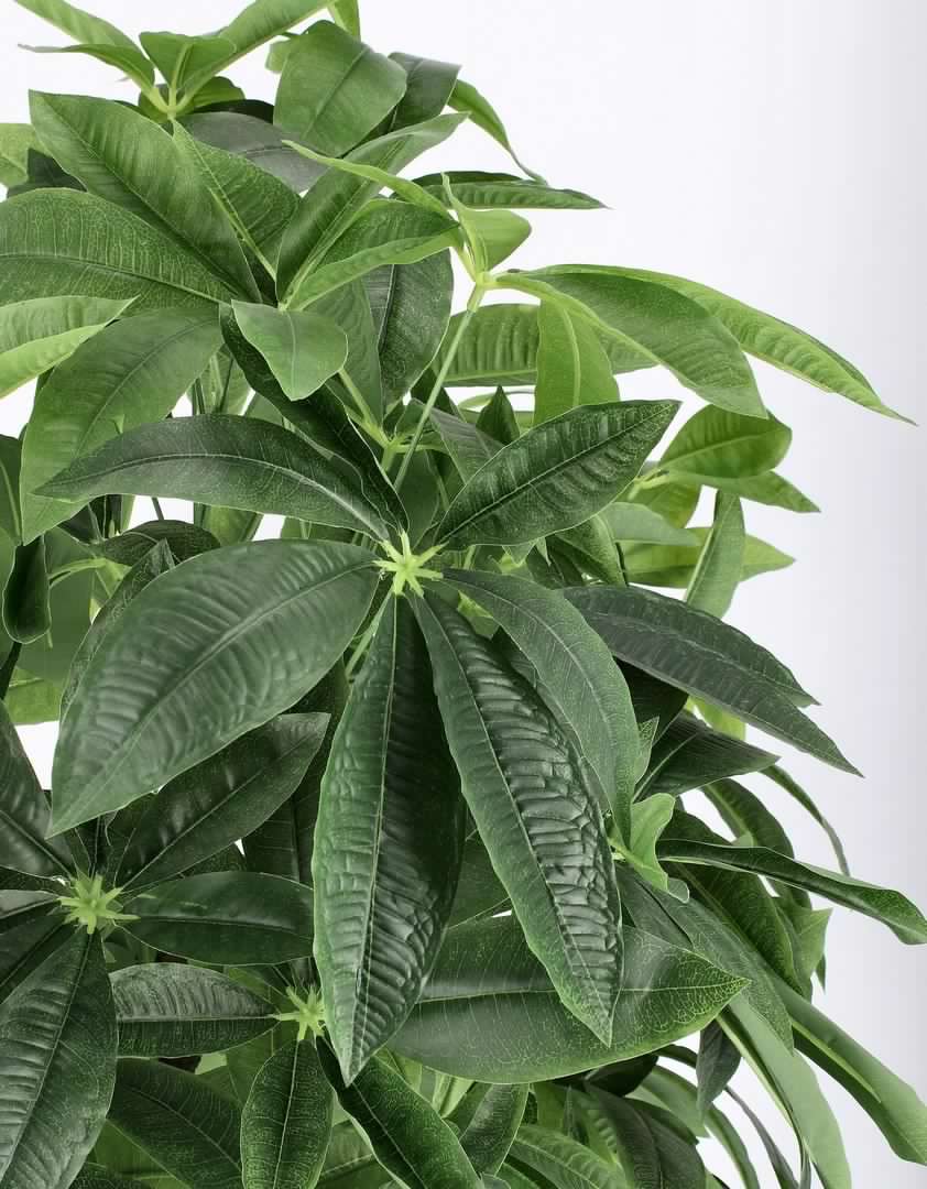 Pianta artificiale "Pachira Aquatica" con vaso in plastica nero, foglie in tessuto