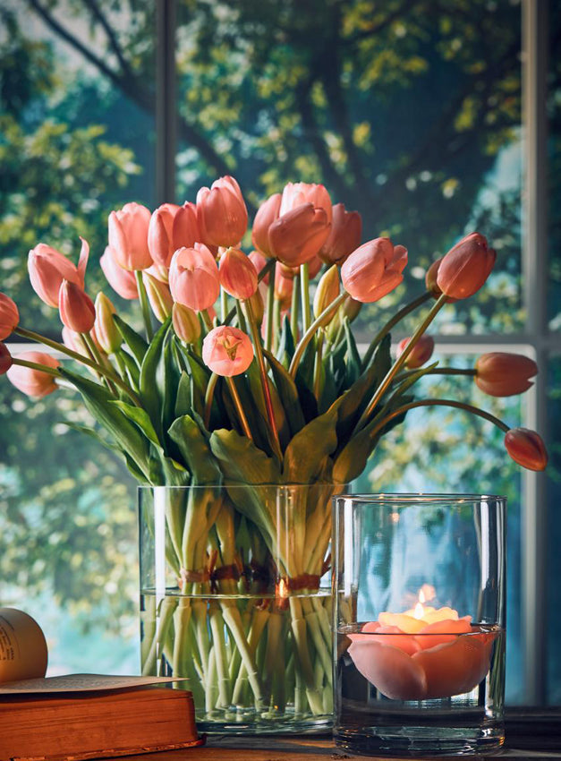 Fiore artificiale "tulipano" effetto realistico con stelo e foglie verdi